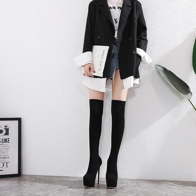 Luxury Women Shoes Fashion Black Sexy Thigh High Long Socks Boots 16cm Heel Shoes for Women Over-the-knee Slim Elastic Boots New 35 6060₽