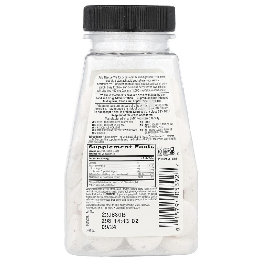 Acid Resc, Calcium Carbonate, Berry, 1,000Mg, Chewable Tablets 60 (500Mg per tablet)