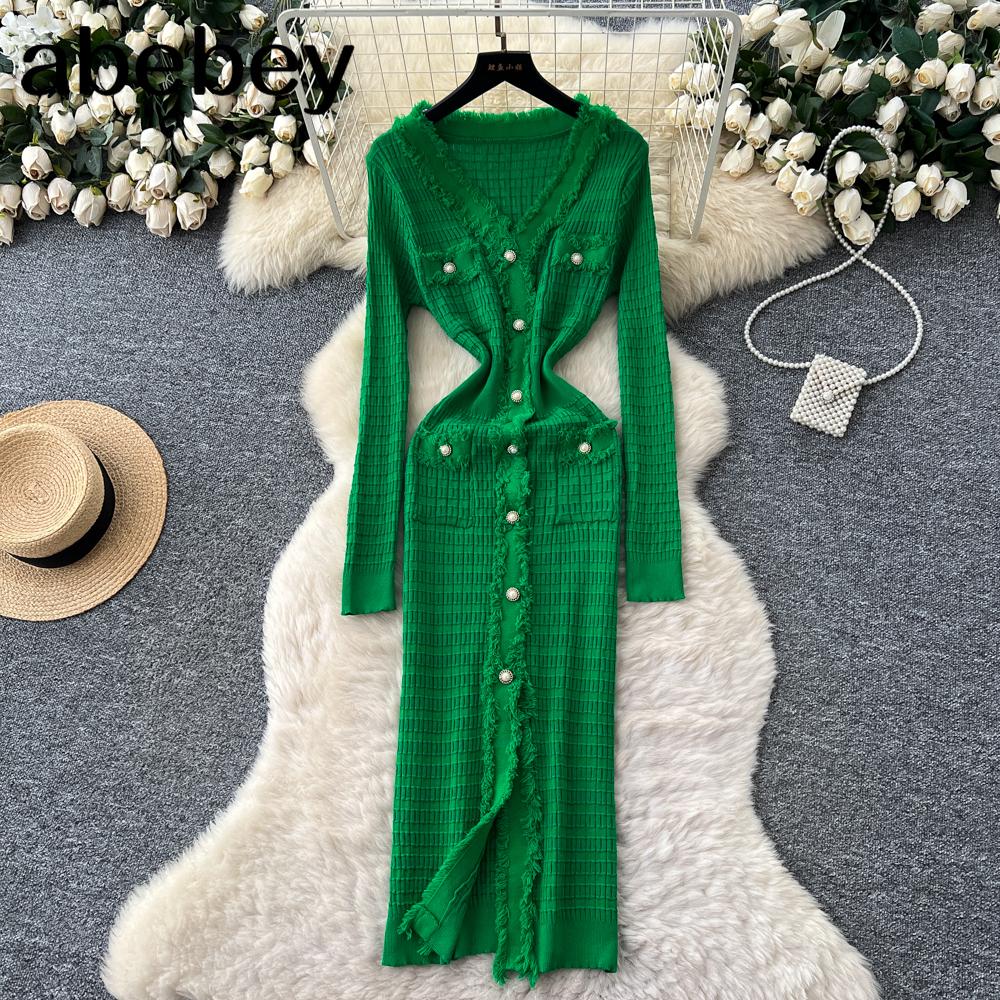 Neue Damenkleider Herbst Winter Vintage Patchwork Strick-Midikleid Elegant V-Ausschnitt Damen Rüschenhemd Pulloverkleid