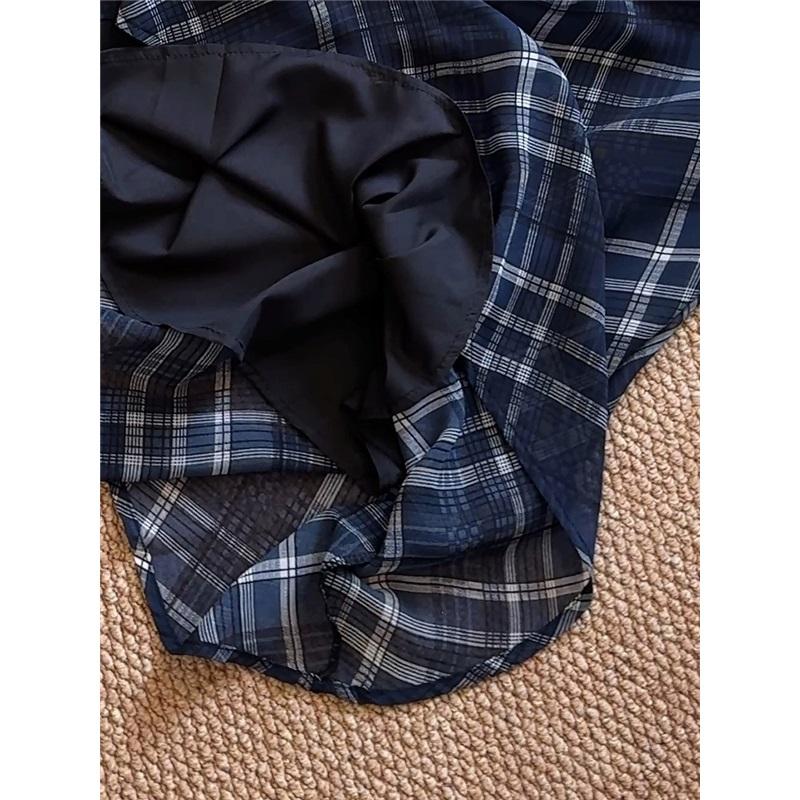 Women's Vintage Aesthetic Blue Lightweight Sheer Checkered Long Skirt Flared Hem Summer Slim Fit Plaid Dress