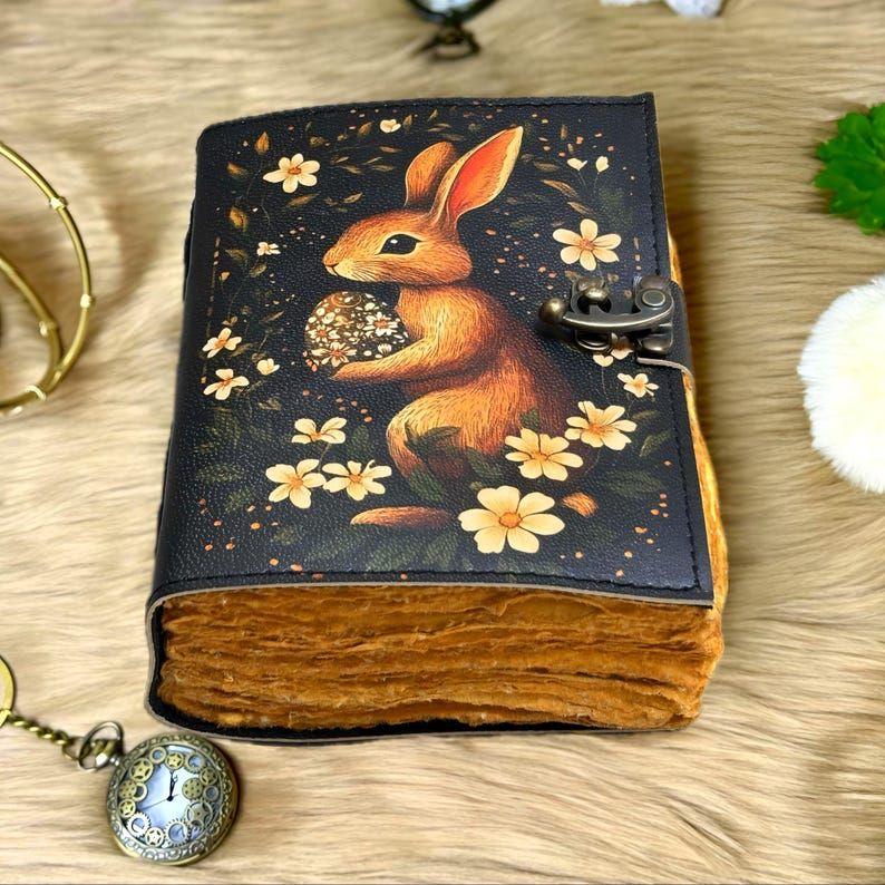 Grimoire Vintage leather journal, Bunny Easter Rabbit Fat Journal, Blank spell book of shadows Celestial Christmas Gifts