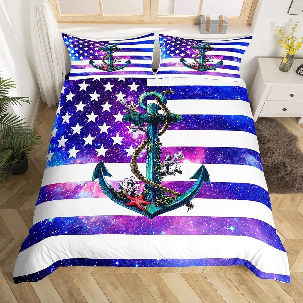 Nautical Anchor Pattern Duvet Cover Set King,Geometric Stripes Ocean Adventure Theme Quilt Navy Blue and Red Bedding Set 3pcs