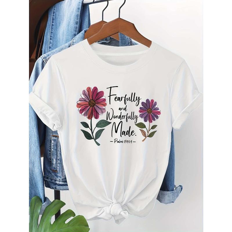 

Plus Size - Plus Size - Plus Size, Women S Plus Size Fearfully & Wonderfully Made Verse T-Shirt - Floral Lettering Round Neck Short Sleeve Top, 4XL білий