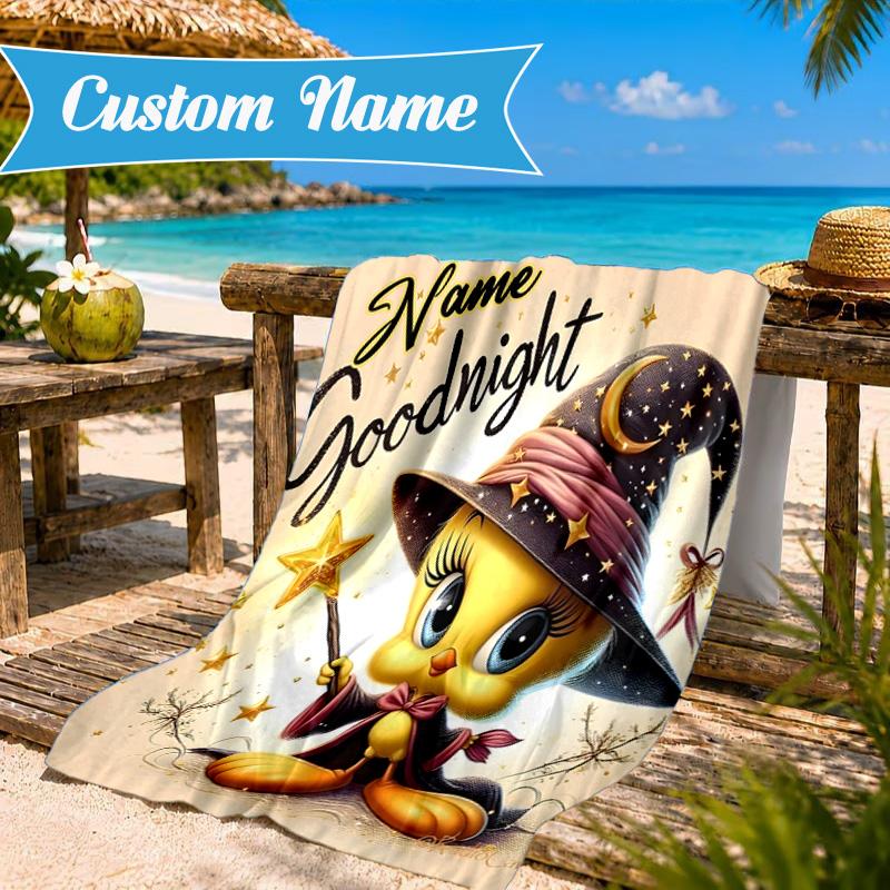 Custom Name Good Night Yellow Bird Heart In Space Adventure Microfiber Beach Towel, Lightweight for Summer Travel, Swimming Pool Fan Gift