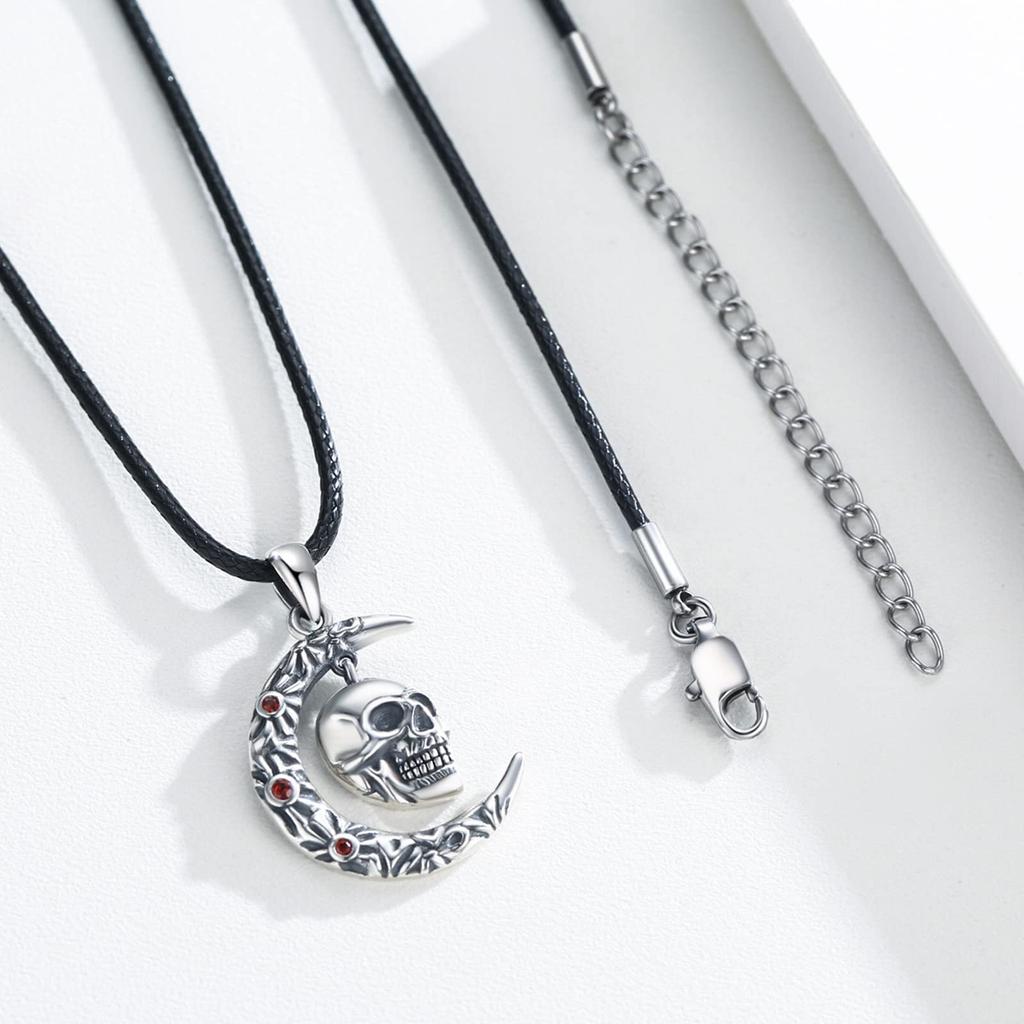 CUOKA MIRACLE Skull Necklace, 925 Sterling Silver, Moon, Crescent Moon Skull Jewelry Pendant Necklace, Gothic Skull Horror Jewelry, Gift for Women,
