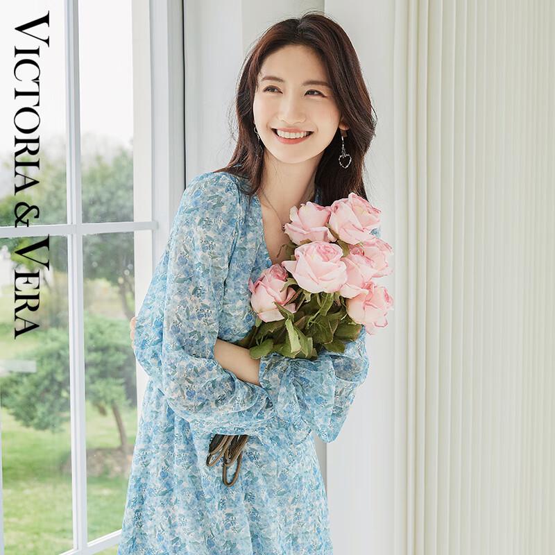 

VICTORIA&VERA Women s Blue Floral V-Neck Midi Dress S