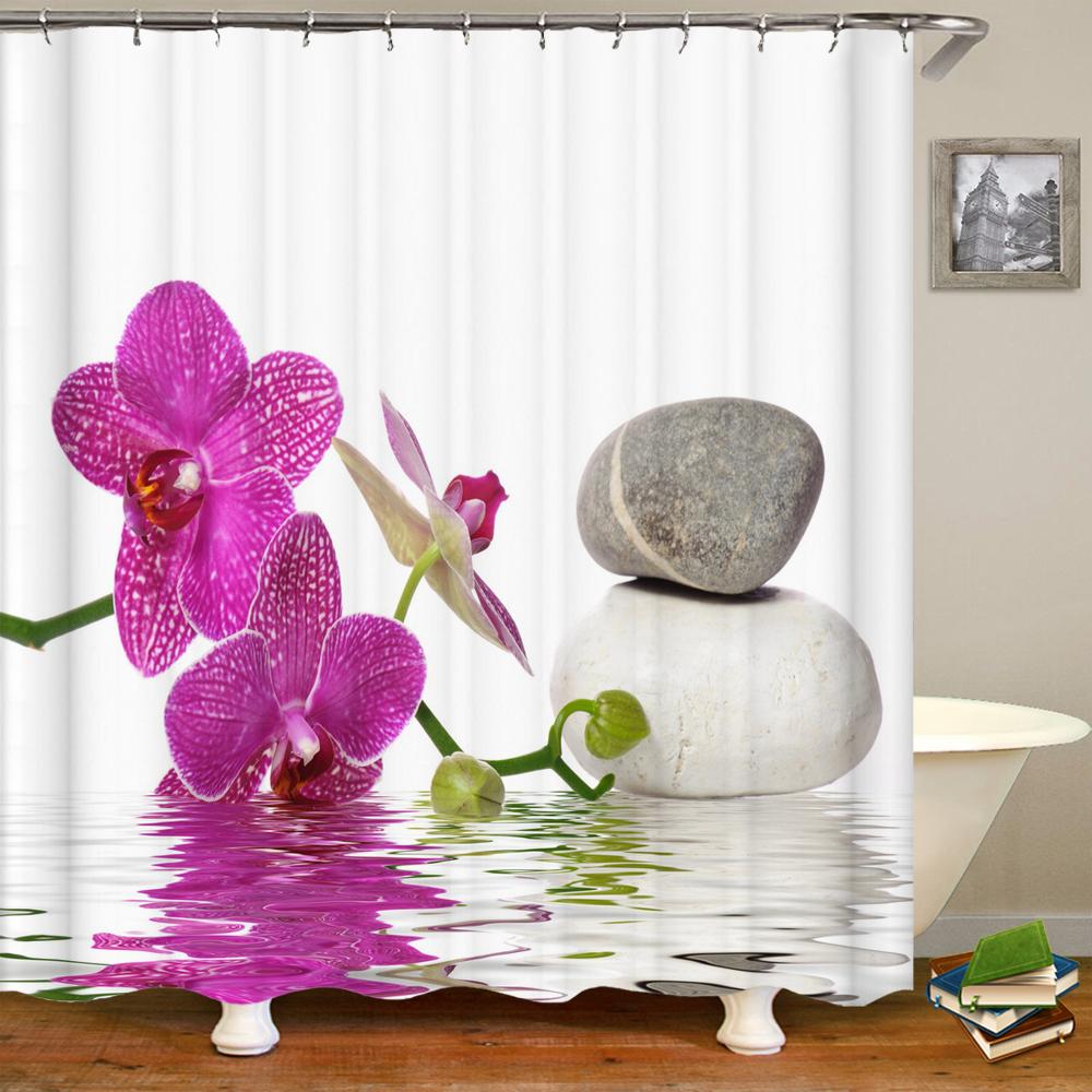 Zen Shower Curtain 3D Stone Running Water Flower Plant Shower Curtains Waterproof Mold Proof Curtain Washable Zen Shower Curtain