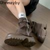 Vintage Platform Hoogteverhoging Dames Pijp Enkel Korte Laarzen Herfst Winter Dames Dikke Hak Ridderlaarzen botines para mujeres