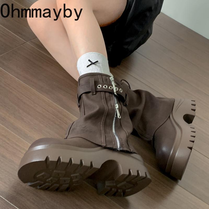 Vintage Platform Hoogteverhoging Dames Pijp Enkel Korte Laarzen Herfst Winter Dames Dikke Hak Ridderlaarzen botines para mujeres