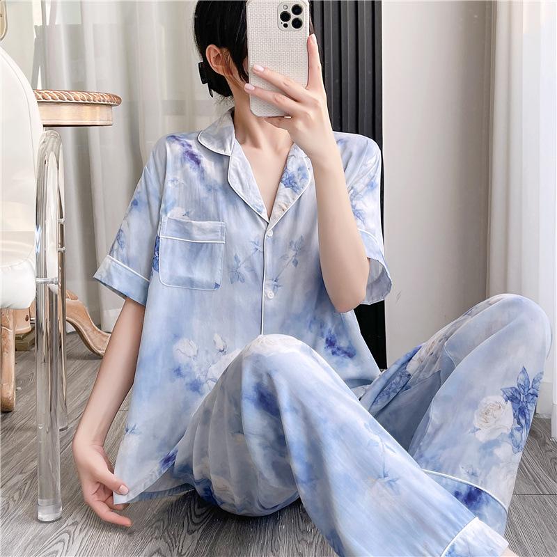 Korean version of sweet girl short-sleeved pajamas women's spring summer cotton and silk shirt collar can be worn outside loungewear princess