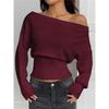 Women Off Shoulder Knit Sweater One Line Neck Loose Batwing Sleeve High Waist Slim Fit Casual Pullover Jumper Top