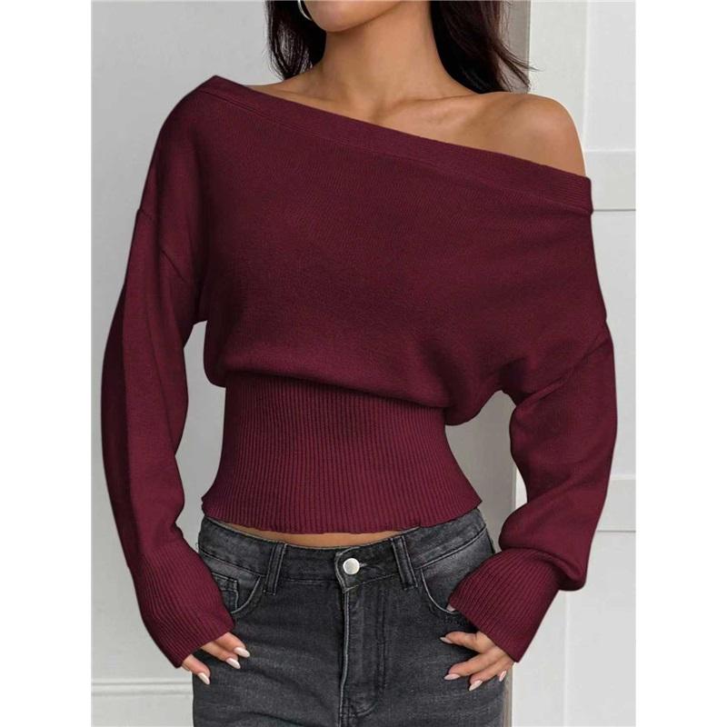 Women Off Shoulder Knit Sweater One Line Neck Loose Batwing Sleeve High Waist Slim Fit Casual Pullover Jumper Top