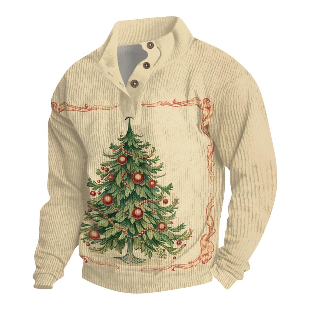 Men's Christmas Cotton Pullover Long Sleeve Outdoor Shirt Vintage Corduroy Button Stand Collar Shirt Casual Sweatshirt Christmas Print Top
