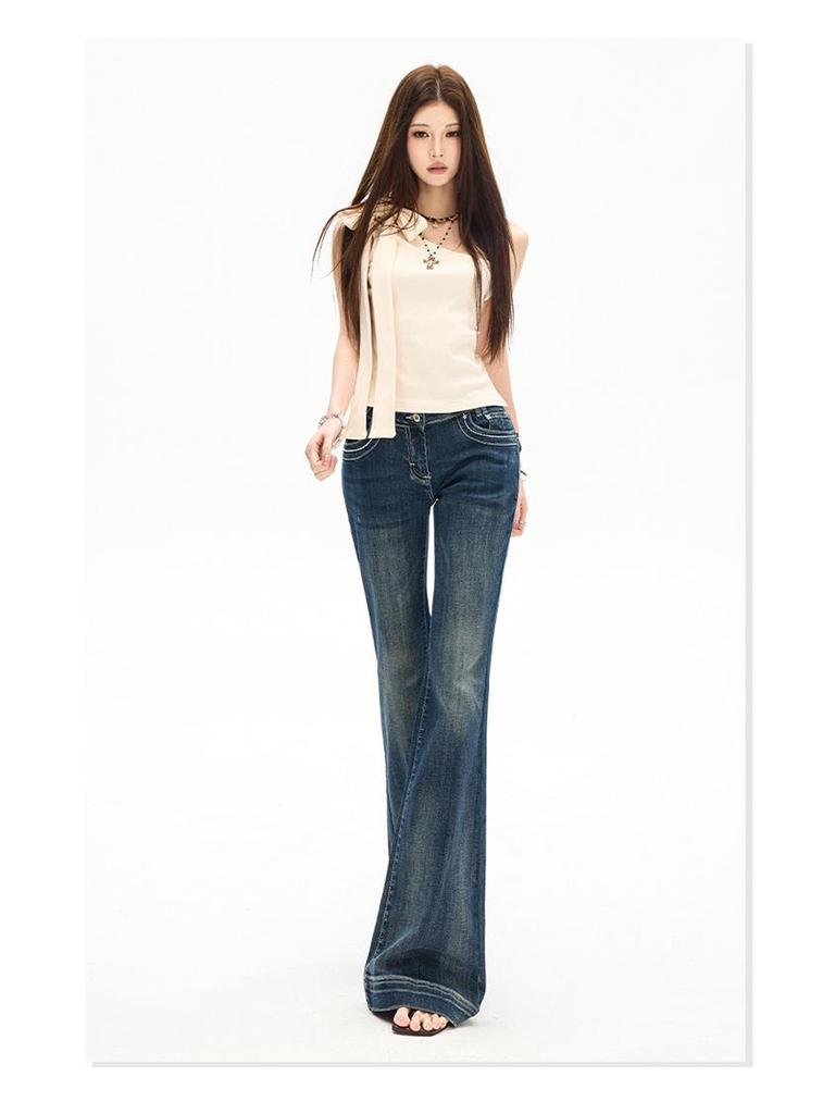 Yi Mengling Retro Washed Women's Micro-Flare Jeans - 2026 Spring Collection, High Elasticity Slim Fit.