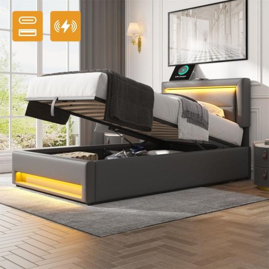 Upholstered Bed Large Storage Space LED Lighting Sturdy Construction Good Load Capacity with USB Ports Modern Upholstered Bed Bedroom