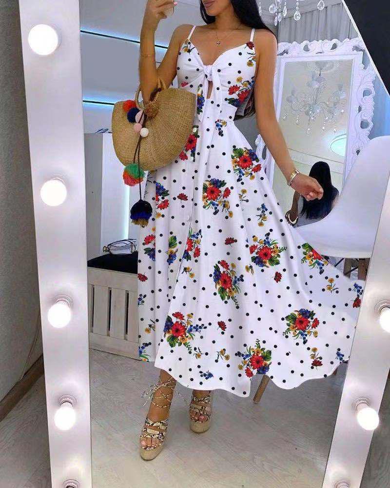 2025 New European & American Floral Lace-Up Spaghetti Strap Long Dress
