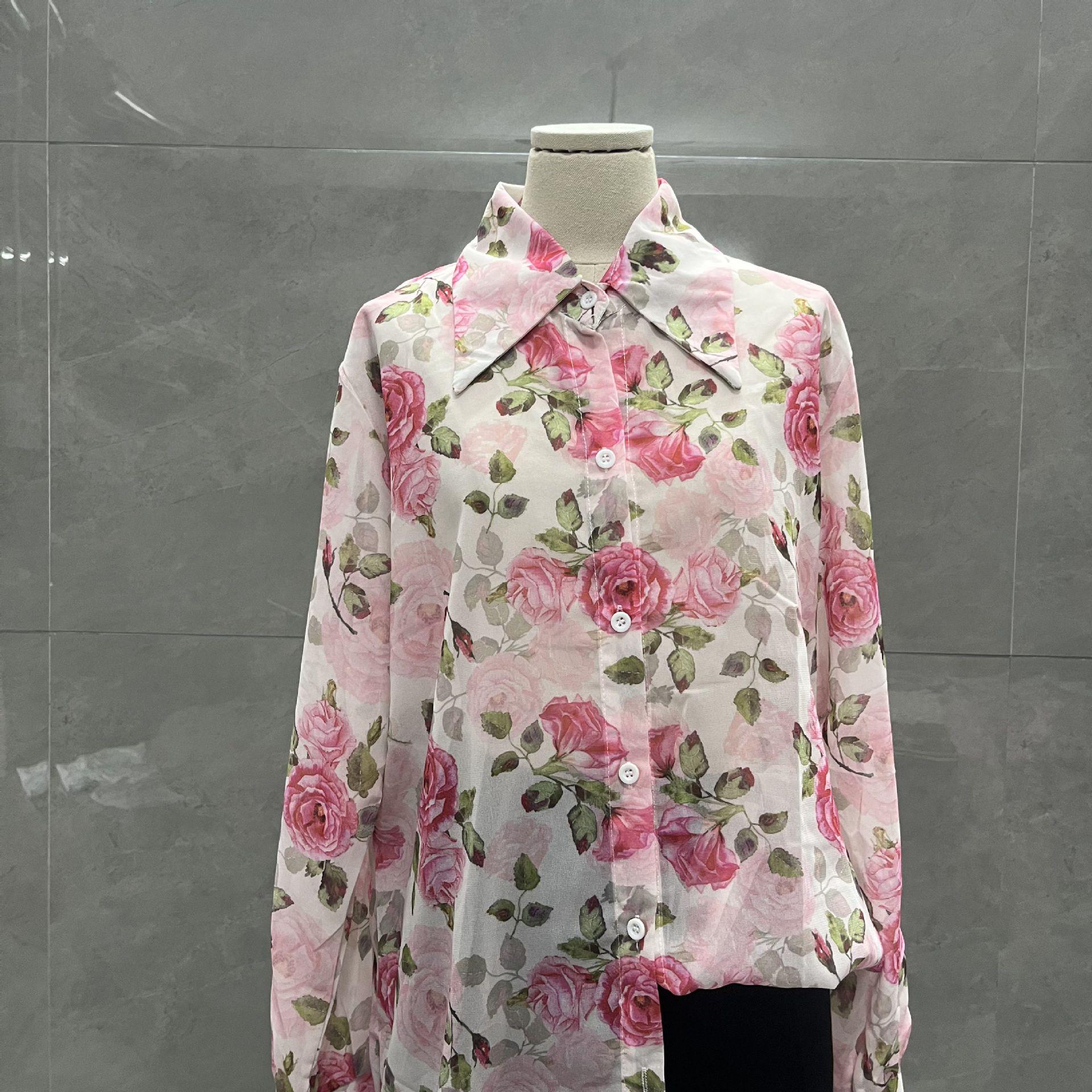 

Women s Rose Button Polo Collar Long Sleeve Printed Shirt - Socialite Style Sun Protection Top L (115 lbs recommended)