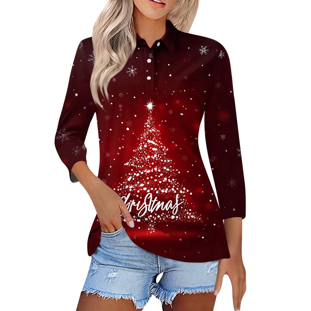 Women's Fashion Casual Lapel Short 3/4 Sleeve Christmas Print Shirt Women's Button Up Tops