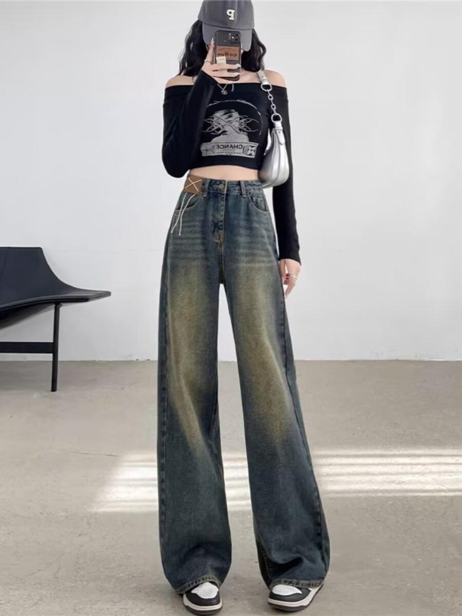 

Женские ретро джинсы с широкими штанинами и высокой посадкой - Тренд Лето/Осень 2024, Свободные прямые штанины, Брюки в пол 2XL