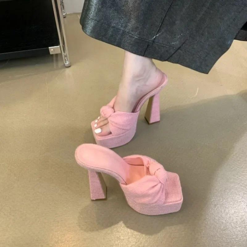 Butterfly-knot Open Toe Slippers Woman Chunky Platform Wedding Banquet Sandals Extreme High Heels Slide Shoes  De Mujer