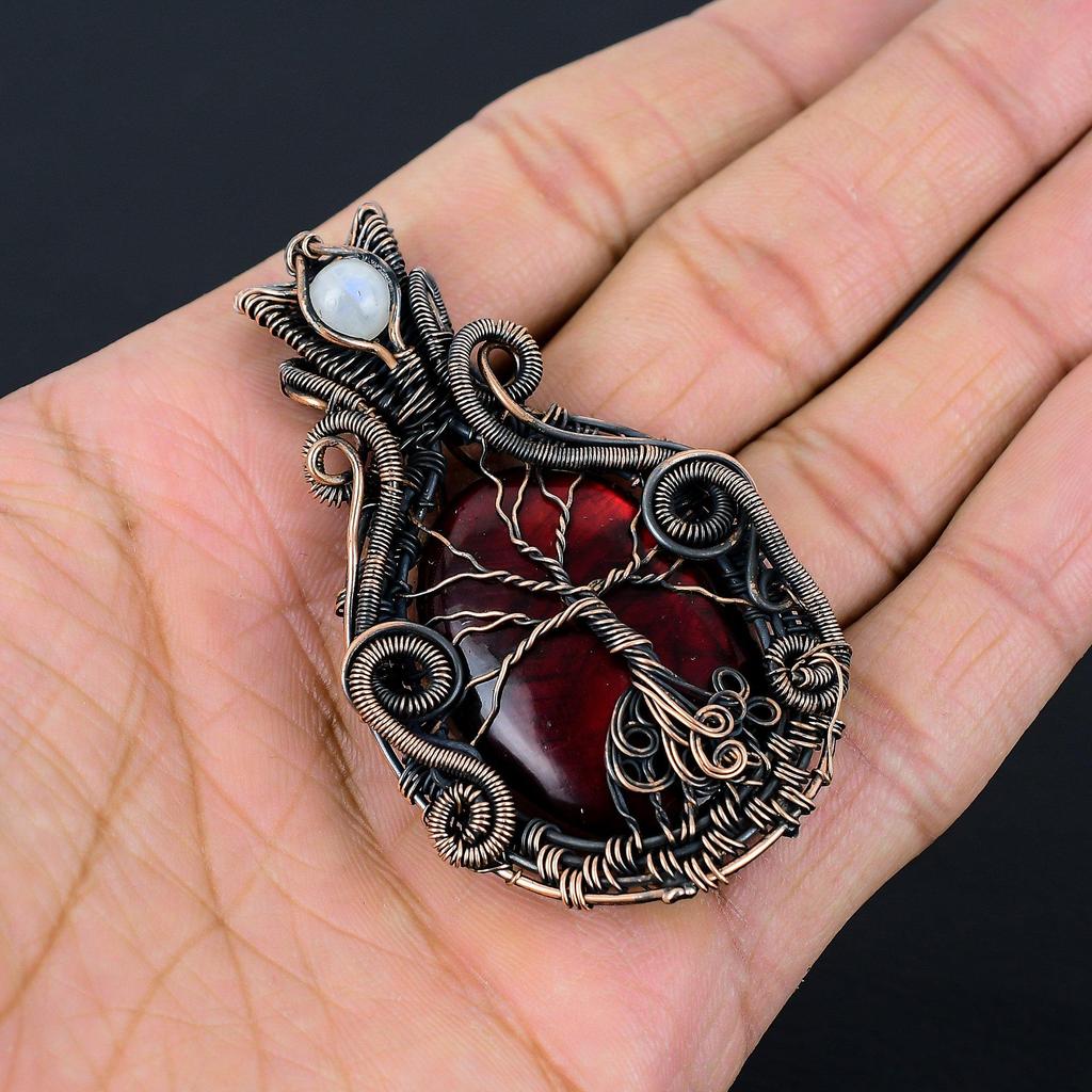 Tree Of Life Red Labradorite & Moonstone Gemstone Pure Copper Wire Wrap Handmade Jewelry Pendant