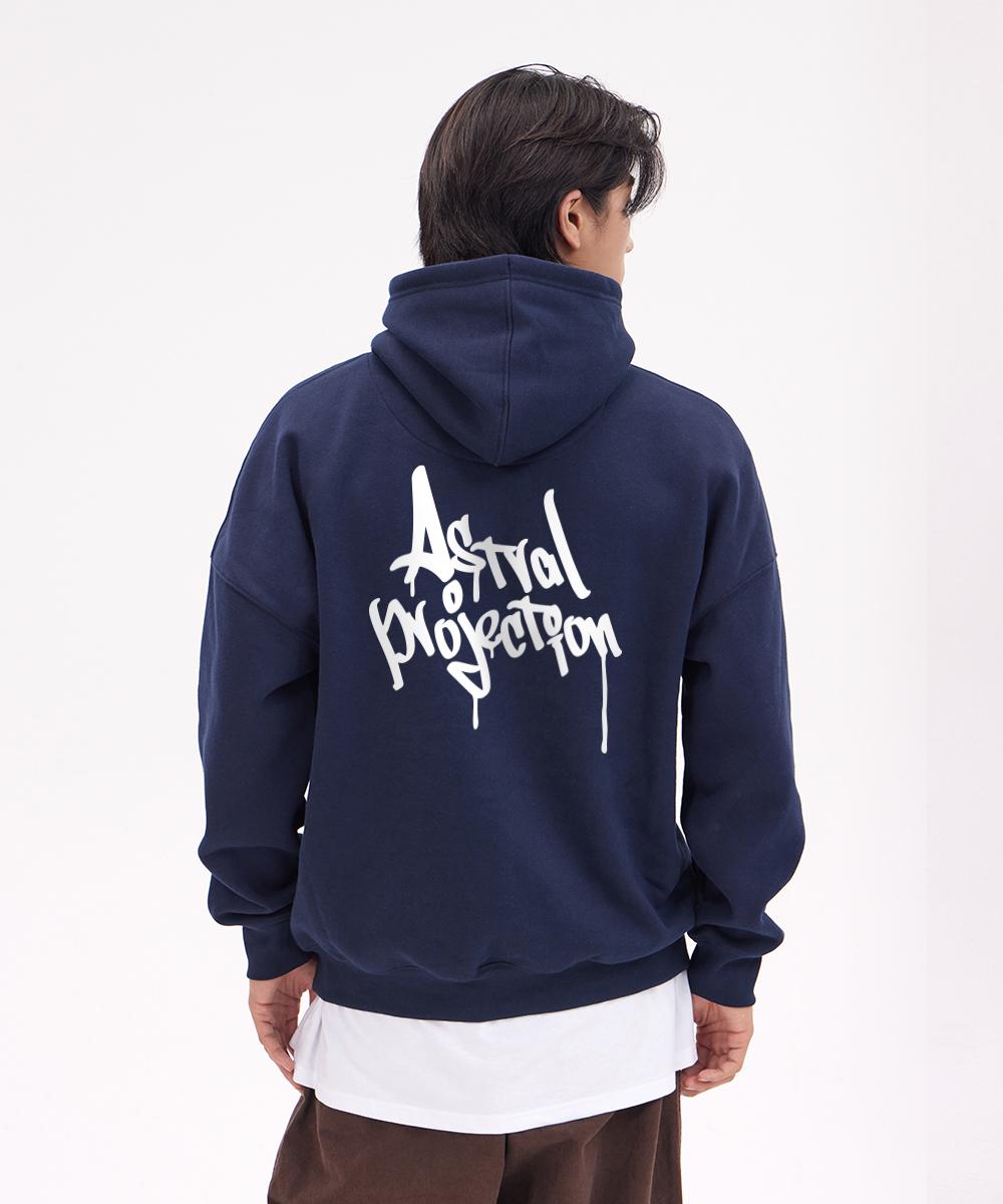 Astral Projection Pen Graffiti Lettering Oversized Wide Shoulder Hoodie_Navy Xl (Fleece-Lined)