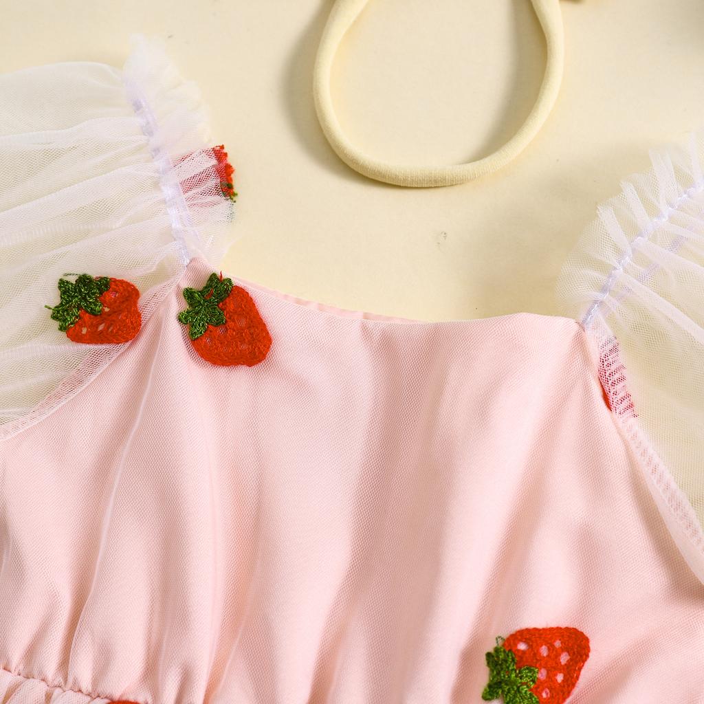 Kids Girl 's 2-piece Outfit, Puff Sleeve Embroidery Strawberry Tulle A-line Dress with Headband Summer Outfit