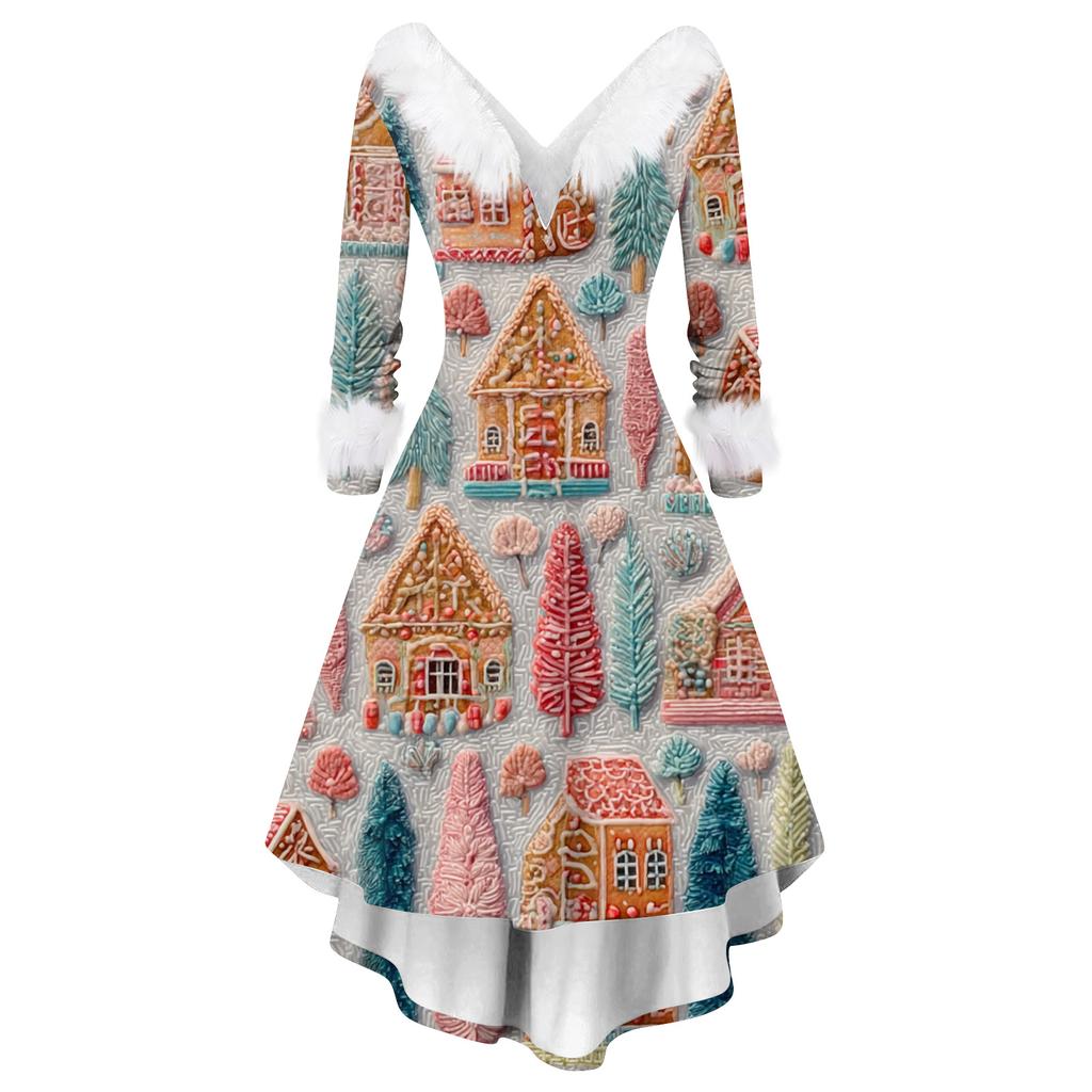 Dame Mote Casual V-hals Juleprint Langermet Kjole