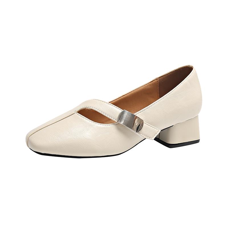 Fashion Women's Chunky Single Shoes Spring New Square Head Shallow Hollow Metal Buckle Soft Sole Non-slip Low-top Shoes