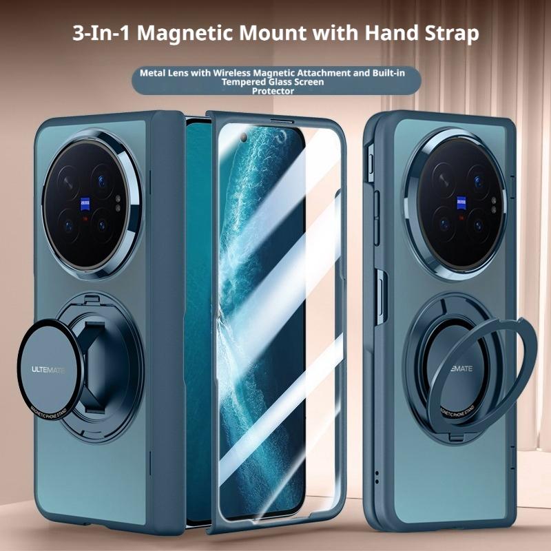 Luxury Matte Frosted Case For Vivo X Fold6 Fold 6 360° Rotating Magnetic Holder Hand Strap Metal Lens With Glass Screen Cover