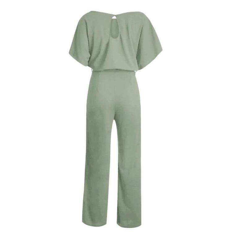 Elegant Women Slimming Jumpsuit with Batwing Short Sleeve and Lace Up Waist Solid Color Commuting Pantis Fashion Outfit