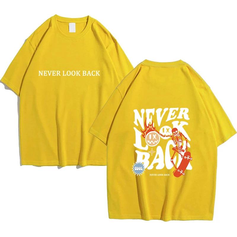 

2025 Мужская свободная футболка с принтом «Никогда не оглядывайся назад», креативная улыбка, череп, мультяшный уличный принт, футболка, хлопковые топы с круглым вырезом XXXL