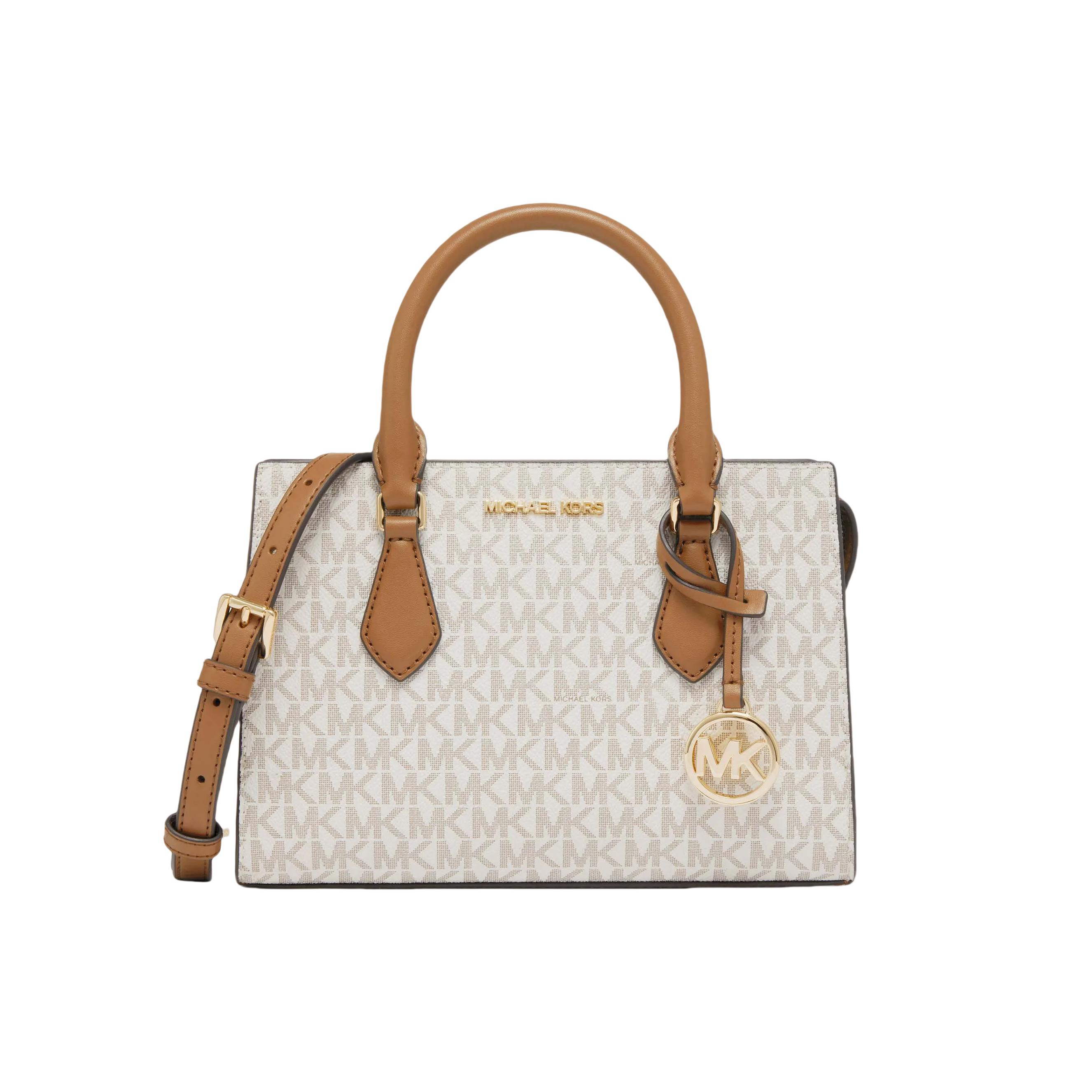 Michael Kors MK Sheila Logo Charm Tote Bag Women tote Vanilla-White Acorn-Brown 35S3G6HS5B-150 Basic Set (Bag+Dust Bag)