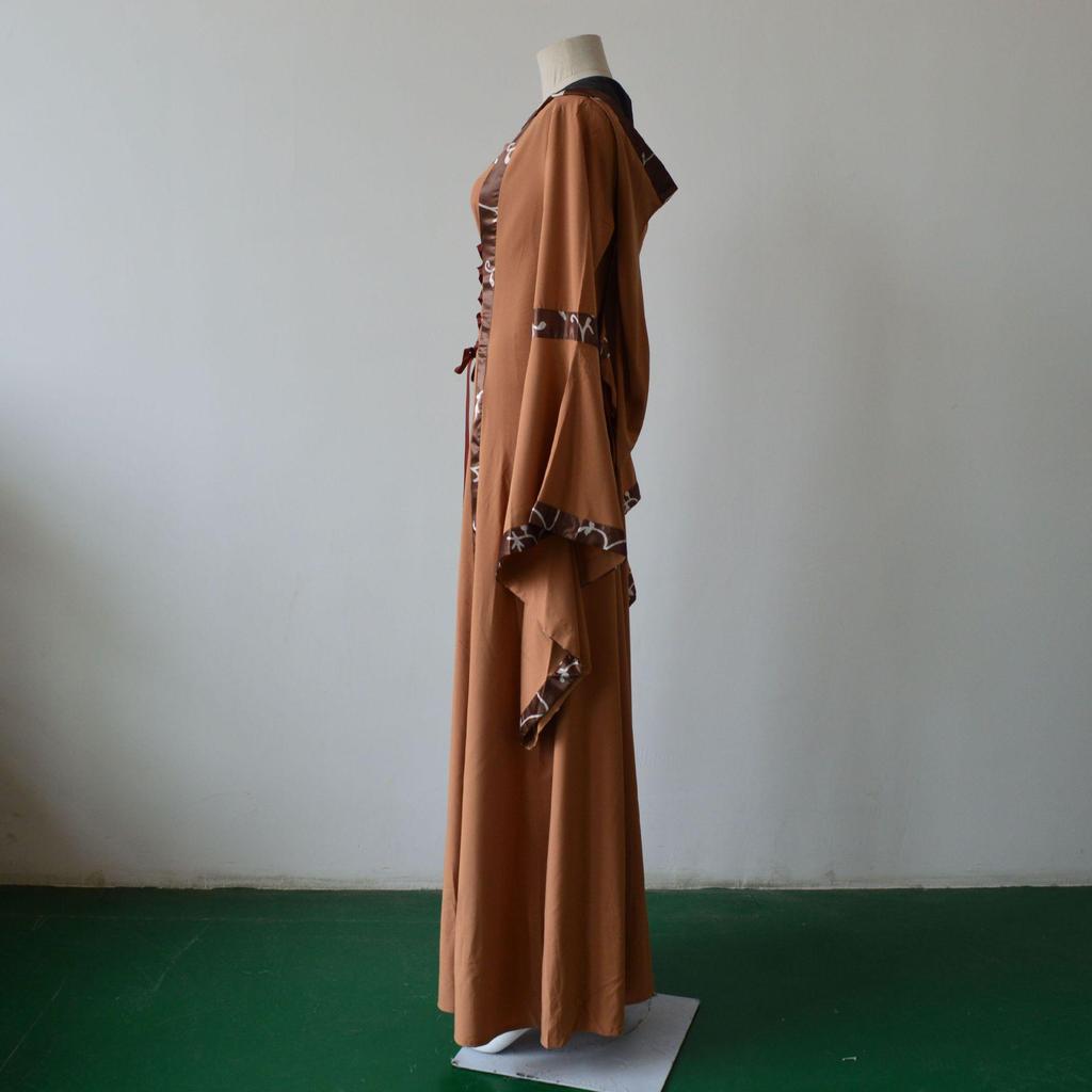 Medieval Retro Hooded Dress with Square Neck, Lace-Up Detail, and Bell Sleeves
