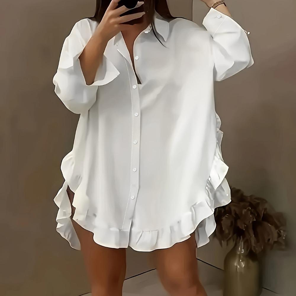 women s Ruffle Hem Loose Fit Long Sleeve Blouse Solid Color Casual Commuter Tunic Shirt S белый
