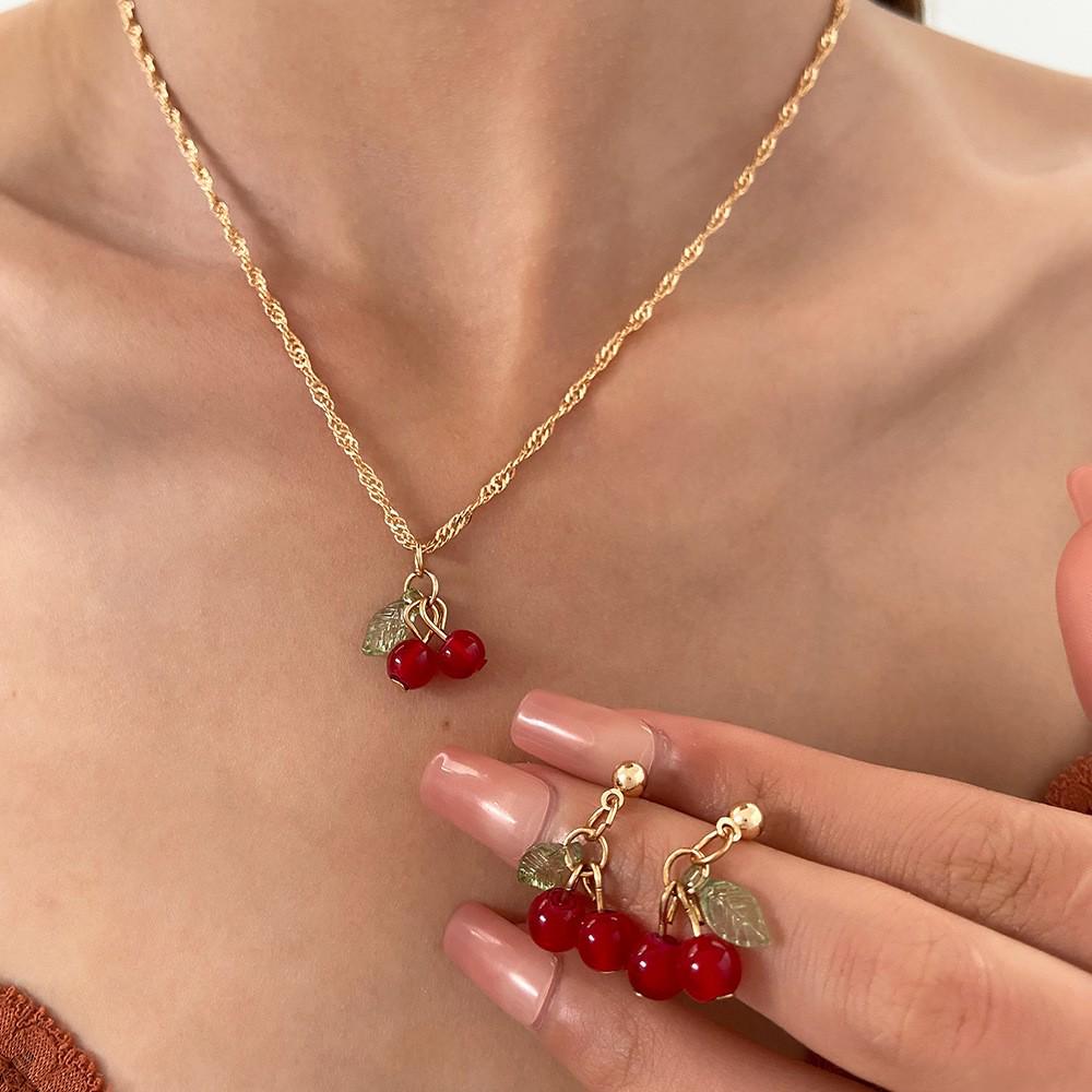 Cherry Red Necklace & Stud Earrings Set: Light Luxury, Niche Design, Clavicle Chain, 3-Piece Women's Jewelry