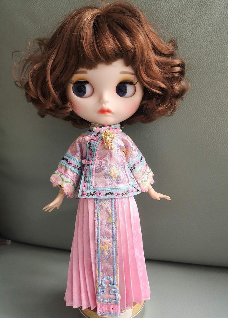 Dolly Para Blythe Costume OB24 Pink Chinese Dress Floral Embroidery Azone Obitsu Compatible