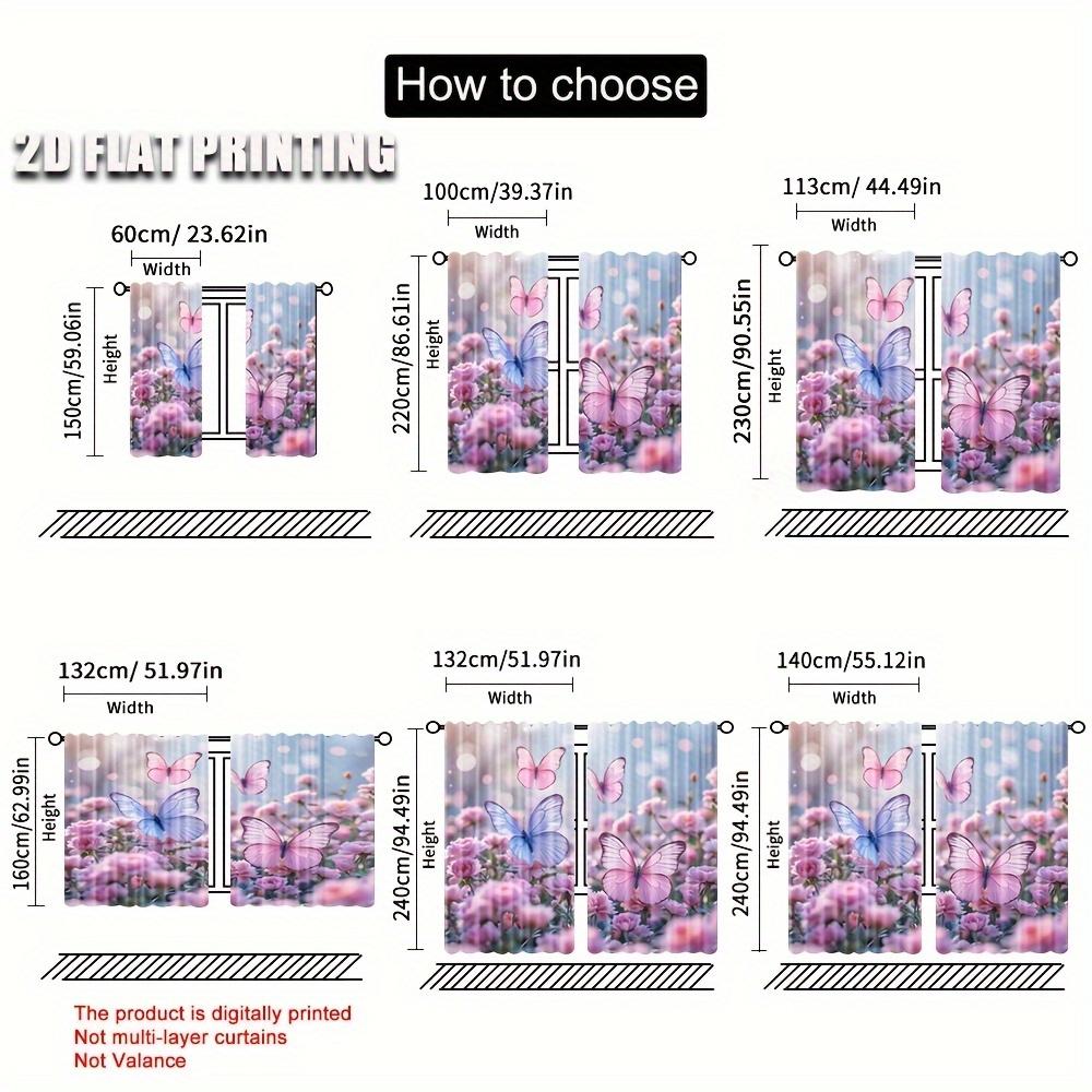 Room Darkening Flat Printing Window Curtains Pink Flowers Butterflies Polyester Wall Decor Suitable Bedroom Wind Curtain Set Of 2 Made Washable