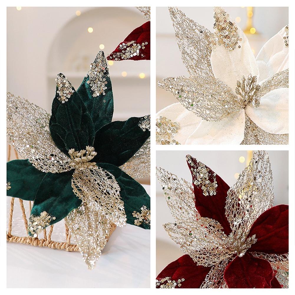 Addobbo Ghirlanda Floreale di Natale 29CM con Tessuto Floccato Glitterato e Paillettes Scintillanti per Progetti Fai-da-Te Festivi