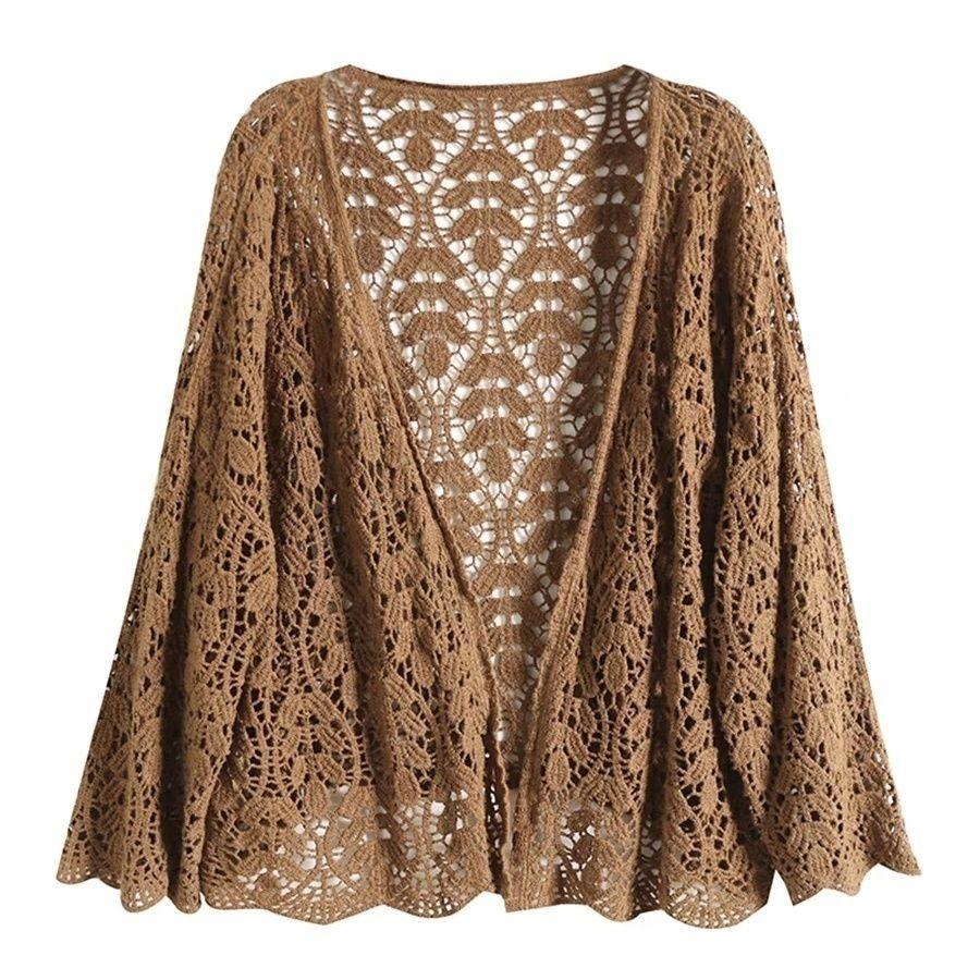 Damen Strickjacke mit Cut-outs Baumwolle Locker Sommer Sonnenschutz Spitze Offen vorne Bluse