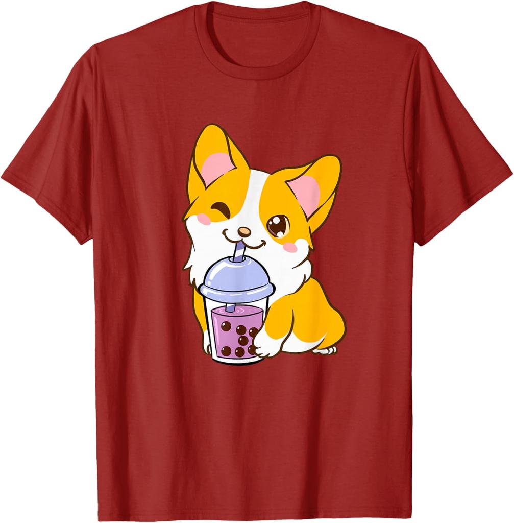 Kawaii Corgi Drinking Boba Tea Cute Dog Lover Graphic Tee Casual Short Sleeve T-Shirt