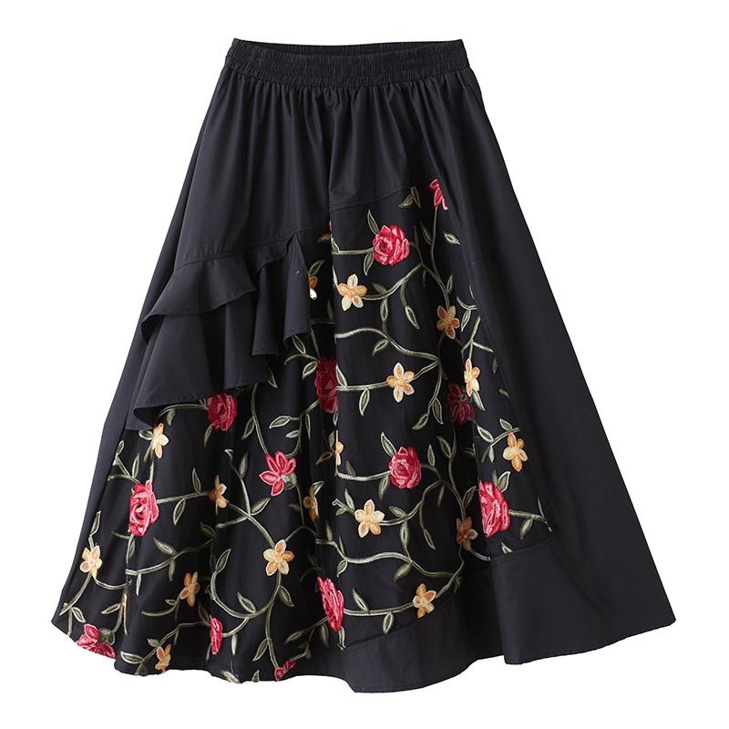 Plus Size High Waist Black Cotton Vintage Embroidery Floral Summer Casual Loose Long for Woman Skirts Womens Skirt