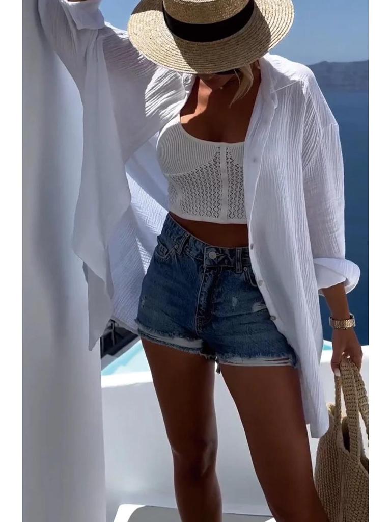 European & American Cross-border Women's Long Sleeve Cotton Linen Casual Shirt with Turn-down Collar