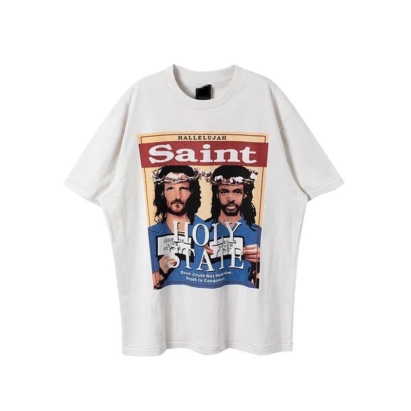 Weiße Serie Heiligenporträt Briefmuster Bedrucktes Kurzarm American Casual Lockeres Baumwoll-T-Shirt für Herren Damen mit Aufdruck