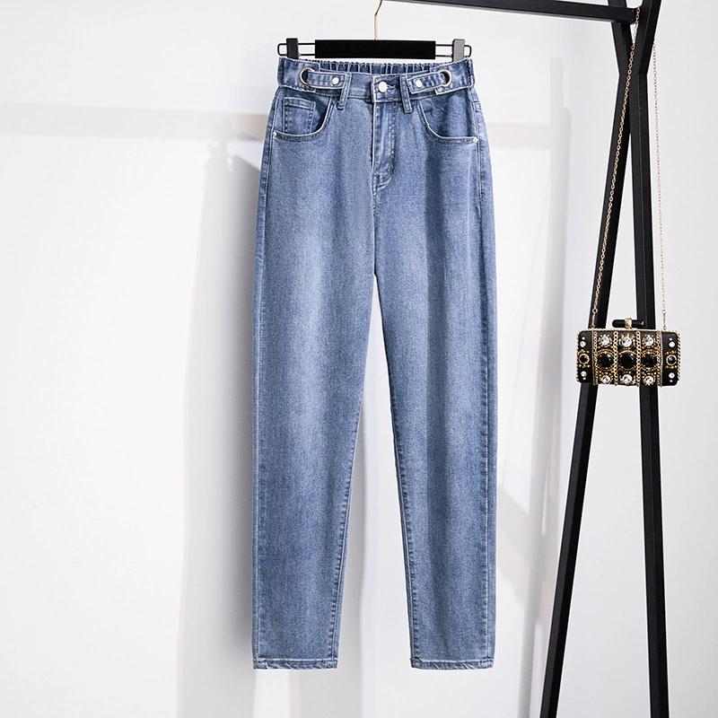 Female Spring and Autumn Casual High-waisted Big Yards Denim Trousers Loose Commuter Old Man Trousers 7XL