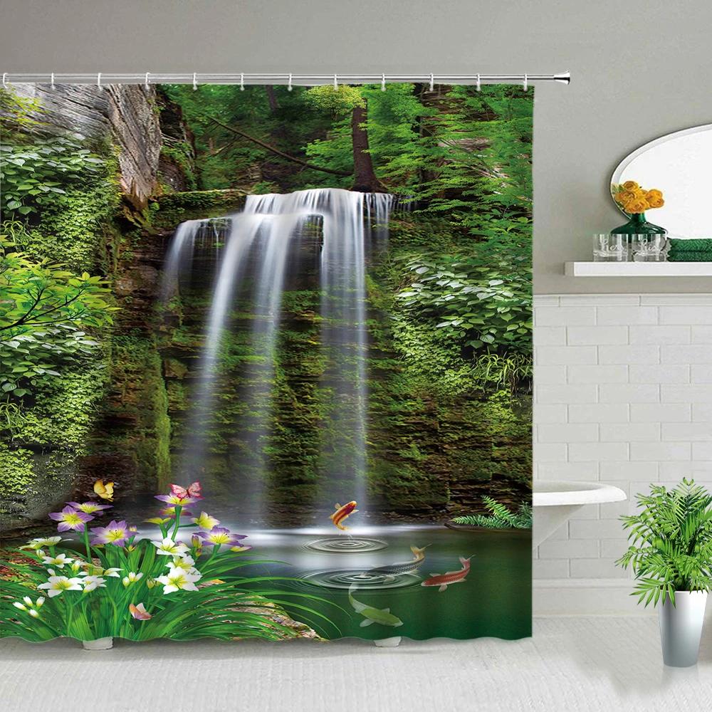 Park Garden Tree Flower Pond Nature Landscape Shower Curtain Bathroom Polyester Waterproof Fabric Curtains Home Bathtub Decor