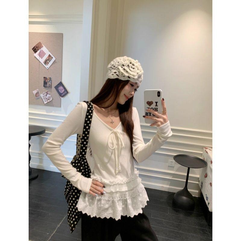 Elegant French V-neck Lace Trim Long Sleeve Women s Top - Chic Slimming Autumn/Winter Style Small белый