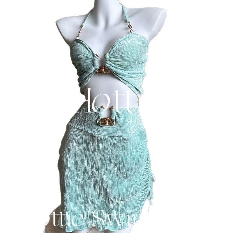 Korean Women's Three-Piece Slimming Bikini Set - Sexy, Belly-Covering Beachwear for Vacations.