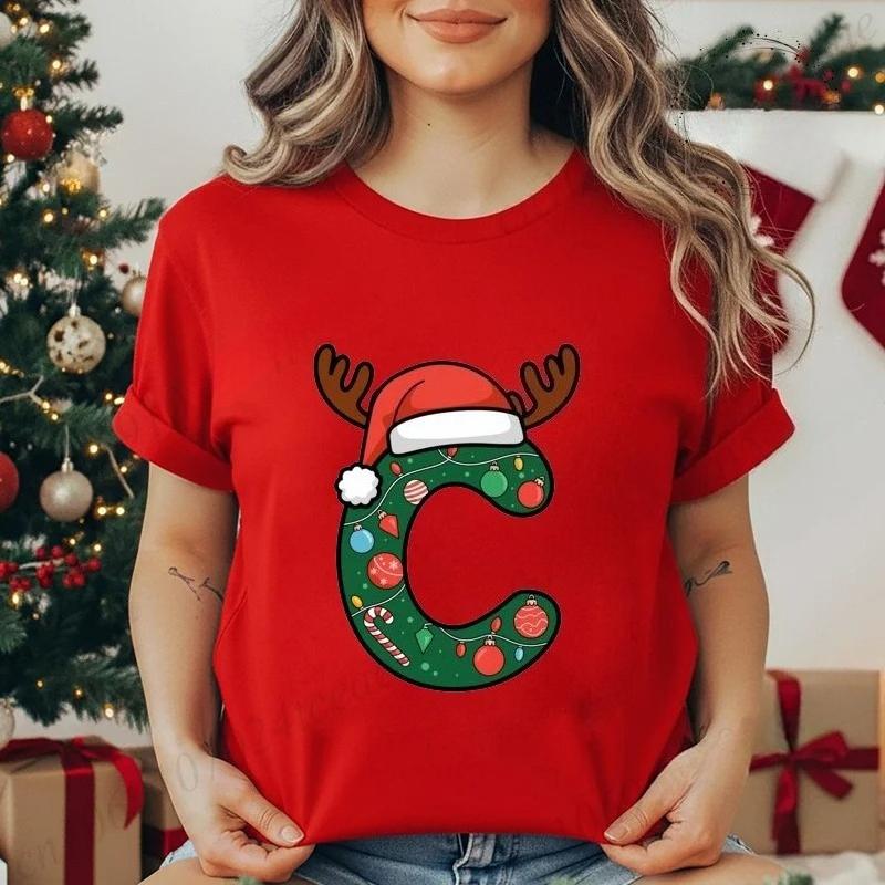 Festive Christmas Alphabet Letter Santa Hat Print Tshirt for Women Fashion T Shirt Streetwear Female Clothes Casual clothing