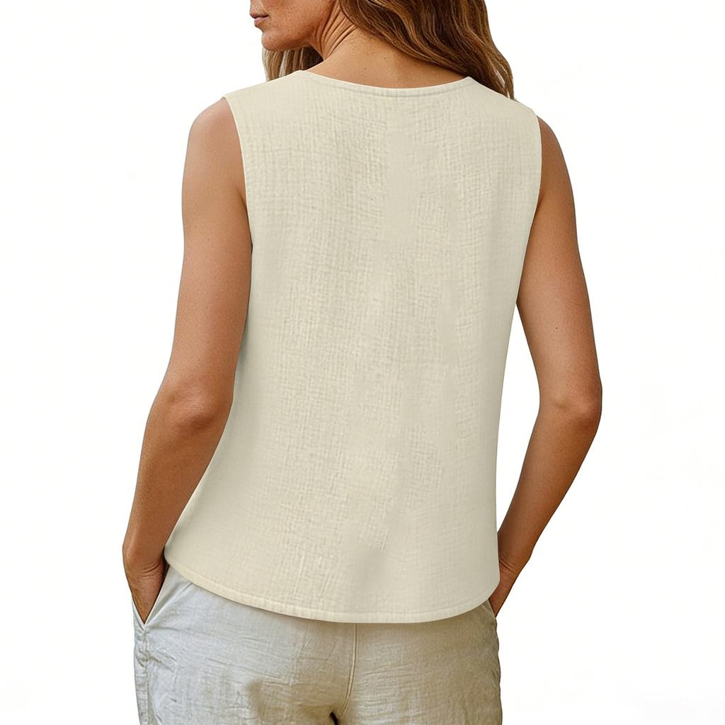 Dames Katoen Linnen Tanktops V-hals Los Casual Shirts Mouwloos Zomer Shirts Wrap Strik Shirt Camisole